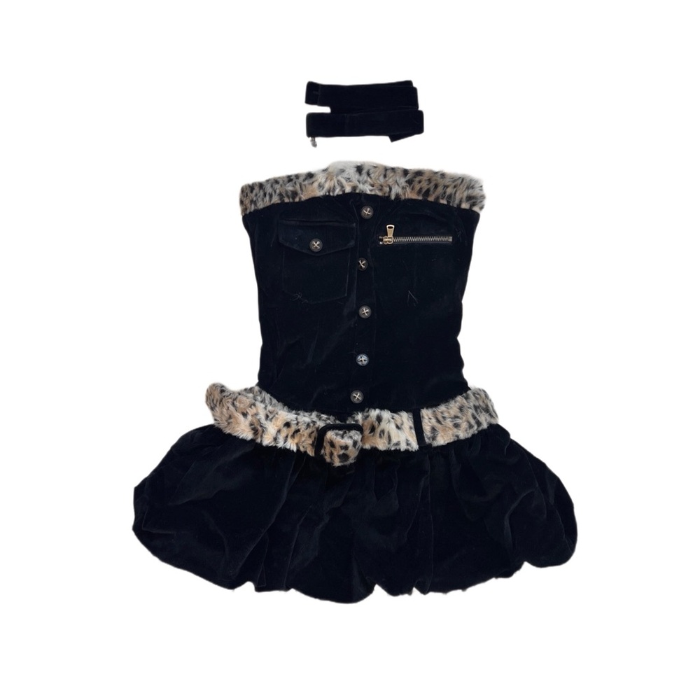 Black y2k japanese gyaru leopard fur buckle belt tube dress with fur choker